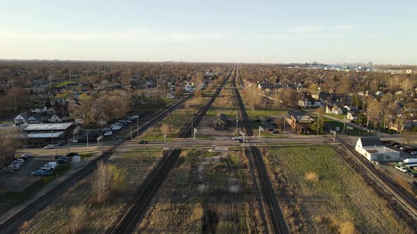 Railroad lines running in middle of Wyandotte town, aerial view