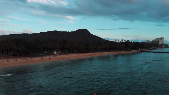 Aerial drone footage of Honolulu, Hawaii. Beautiful real estate, buildings in the city. Palm trees