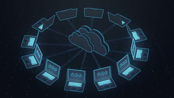 Computer Network Cloud Concept. Notebooks  receiving data from the cloud.