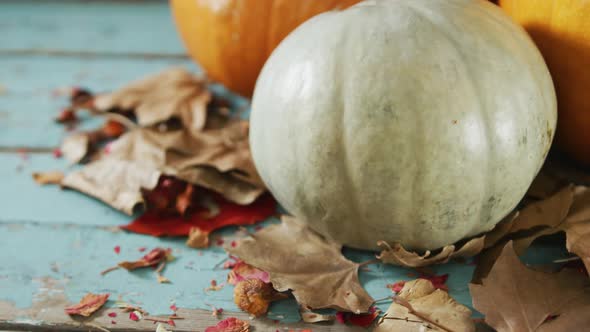 Composition of halloween orange pumpkins and leaves against rustic wooden surface