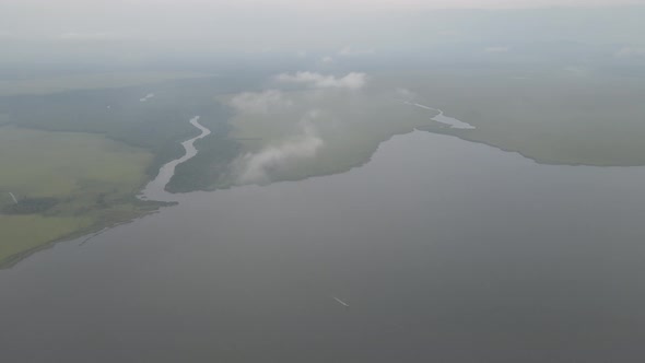 Aerial view of Lake Paliastomi at sunset. Kolkheti National Park, Georgia