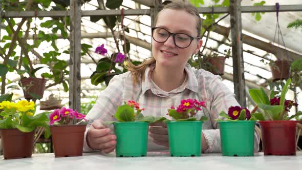 Young Farmer Inspects Flower Seedlings in Pots