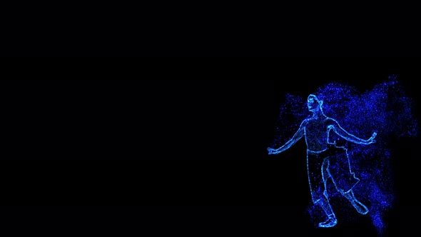 Ballerina of Blue and Gold Particles Performs a Jump alt
