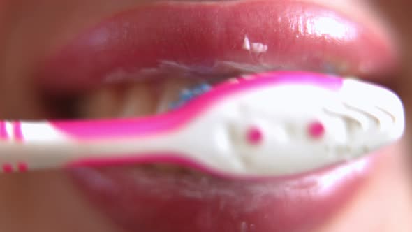 Closeup Brushing Female Teeth with Brush Front View