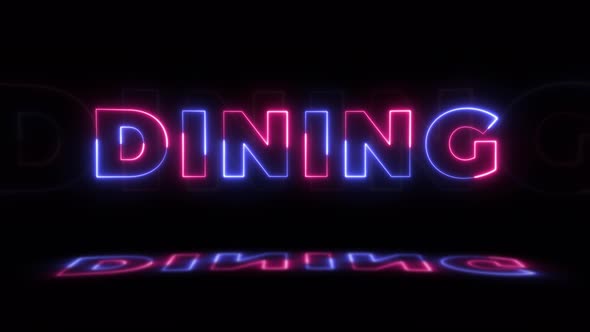 Neon glowing word 'DINING' on a black background with reflections on a floor. Neon glow signs