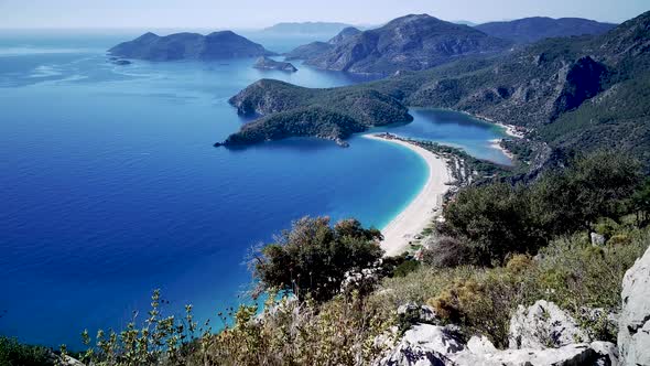 Amazing beautiful panoramic view from drone of Oludeniz Blue lagoon beach in Fethiye in Mugla