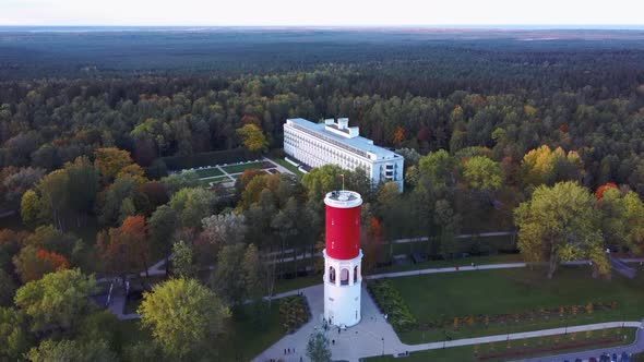 Kemeri Water Tower With Latvian Flag in the Kemeri Resort Park in Jurmala, Latvia.