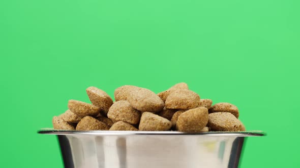 Dried Dog Food in Metal Bowl Closeup Rotating