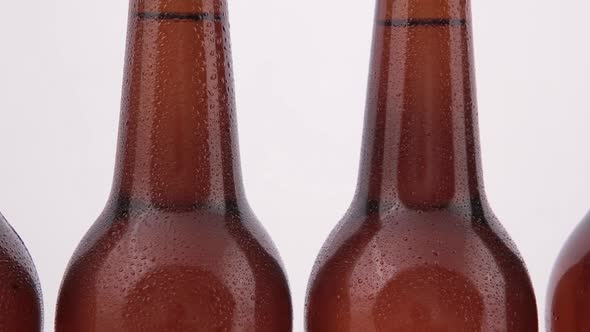 Conveyor Bottles of Beer with Drops Isolated on White Background
