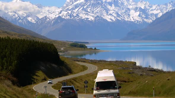 Road to Aoraki Mount Cook and Lake Pukaki, New Zealand