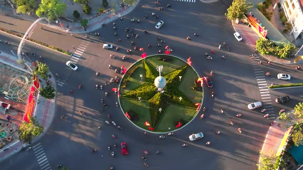 Passing Cars and motorcycles.Top View in the City on the Ring road.Active Traffic Vehicles Cars and