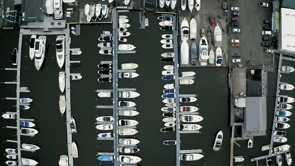 Aerial Top-Down Shot of a Quiet, Empty Marina (Norwalk, Connecticut)