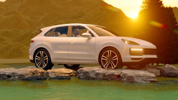 White Luxury Off-Road Vehicle Standing on Rocks at Sunset