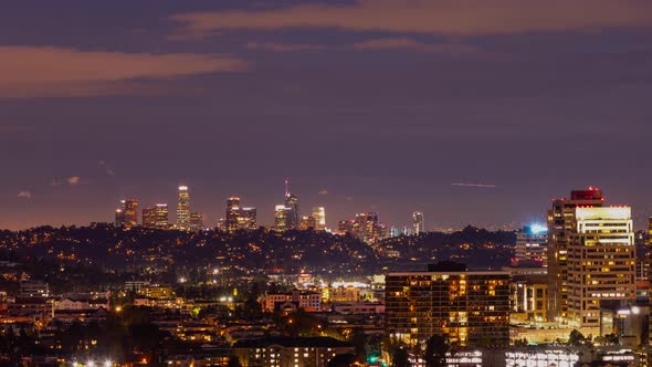 Time Lapse of Glendale California skyline at night with Los Angeles in the background