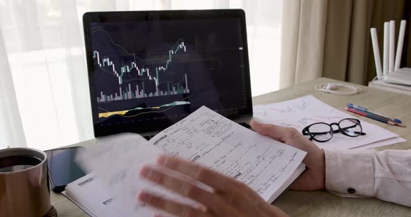 The Hands of Student Flip Through the Pages of a Notebook with a Trading Chart