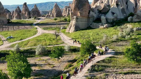 Horseback riding in Cappadocia aerial view 4 K