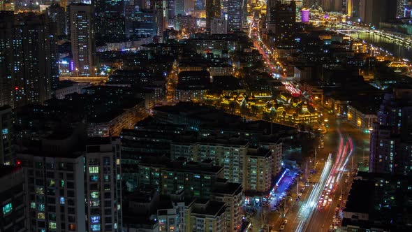 Tianjin Night Aerial Cityscape Panorama China Timelapse Pan Up