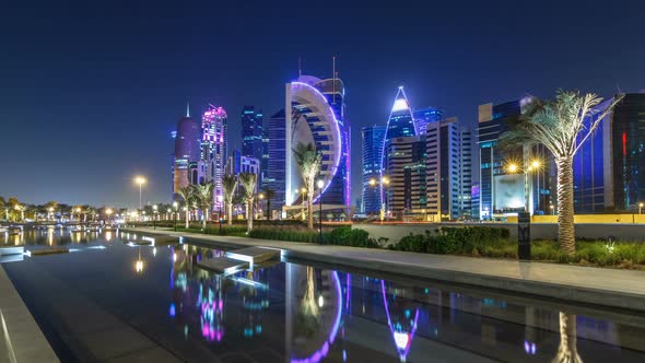 The Skyline of Doha By Night with Starry Sky Seen From Park Timelapse Hyperlapse Qatar