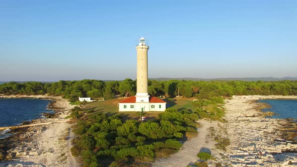 Aerial view of a lighthouse, Croatia with landscape in the background