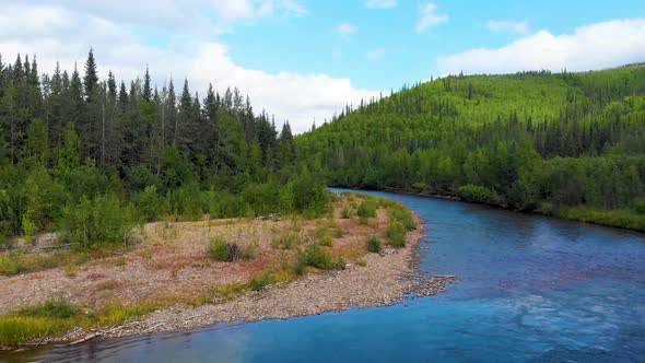 4K Drone Video (truck right shot) of Chena River at Angel Rocks Trailhead near Chena Hot Springs Res