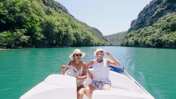 Couple in Boat Provence Verdon Gorge at Lake of Sainte Croix Provence France Near Moustiers