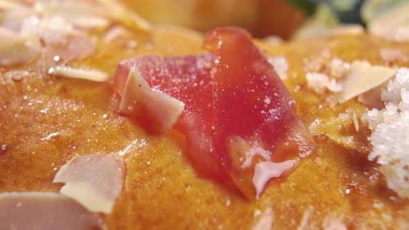 Spanish king cake for Epiphany day. Roscon or rosca de reyes with candied fruits, sugar and nuts