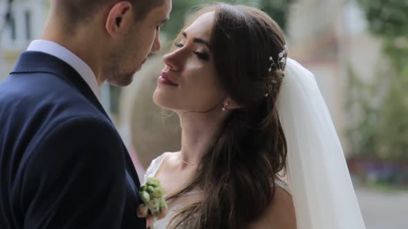 Portrait of Bride and Groom Kissing on a Background of the City