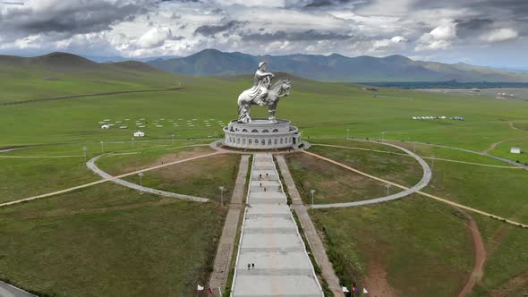 Equestrian Statue of Great Warrior Genghis Khan in Ulaanbaatar Mongolia With Aerial