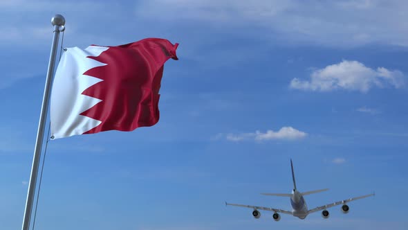 Airplane Flies Over Waving Flag of Bahrain alt
