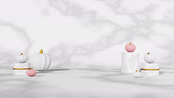 Fall creative concept pink white pumpkins marble podium scene 3D animation Halloween Thanksgiving