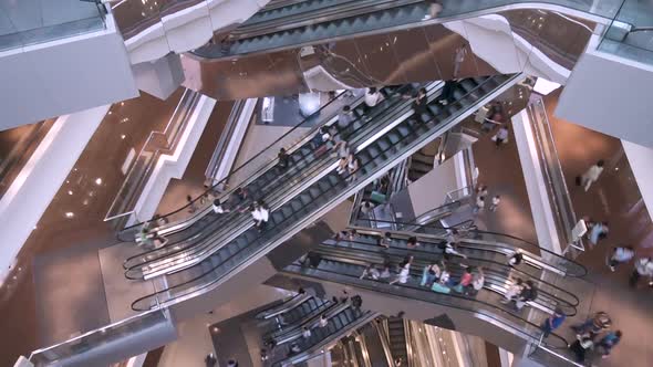  Escalators in Modern Shopping Mall Crowd of People,Very Busy Full of Clients Mall Complex