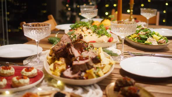 Celebrating New Year Festive Dinner Closeup Dining Table