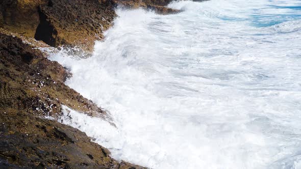 Waves Breaking Over Dangerous Rocks Sea Storm Concept Sunny Daytime Seascape Devastating and