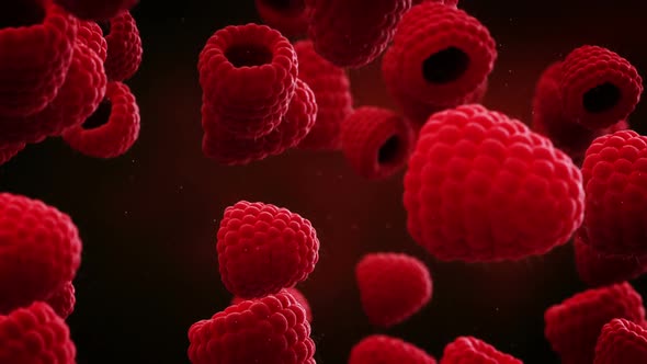 Slow motion animation of delicious raspberries falling down. Loopable. HD