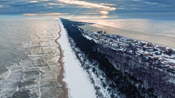 Hel peninsula with snowy beach, Baltic Sea at winter, Poland