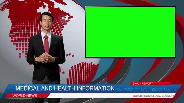 Asian Male Anchor Reporting On Medical And Health, Video Story Show Green Chroma Key Screen