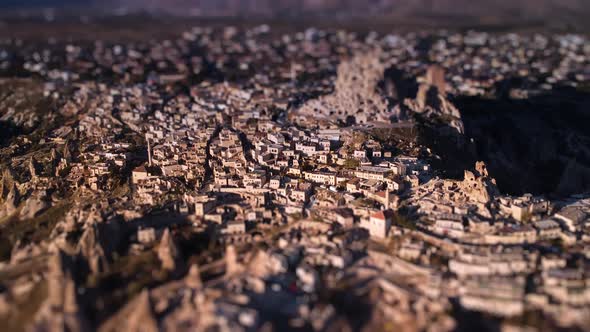 Tilt Shift Footage of Uchisar Castle and Ancient City Built Next to It in Cappadocia Province