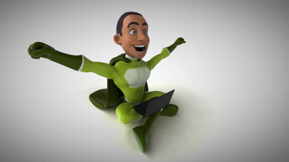 Fun 3D cartoon superhero typing on a laptop