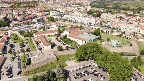 Picturesque Chaves cityscape, Portugal. Orbiting shot of the medieval walled Fort