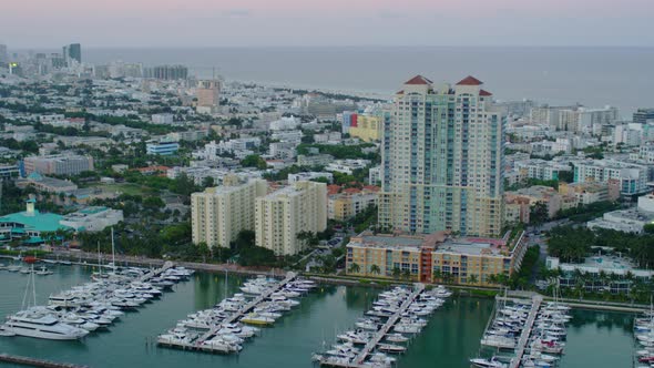 Aerial view of boats and buildings in Miami Beach