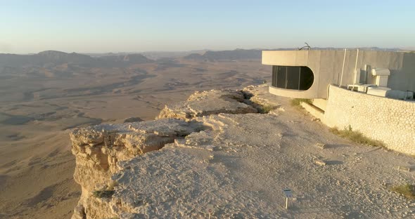 Aerial view of Ramon visitor center at sunrise, Mizpe Ramon, Negev, Israel.