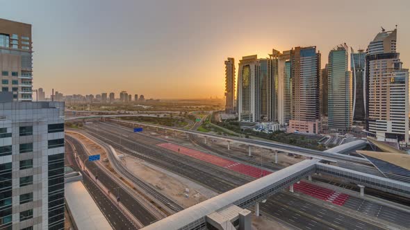 Aerial Top View to Sheikh Zayed Road During Sunrise Near Dubai Marina and JLT Timelapse Dubai