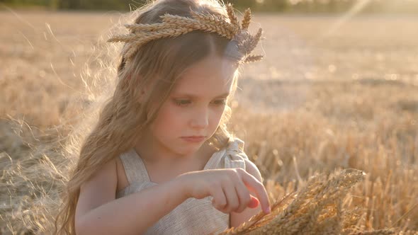 Serious Sad Girl a Child Sit on a Wheat Mown Field