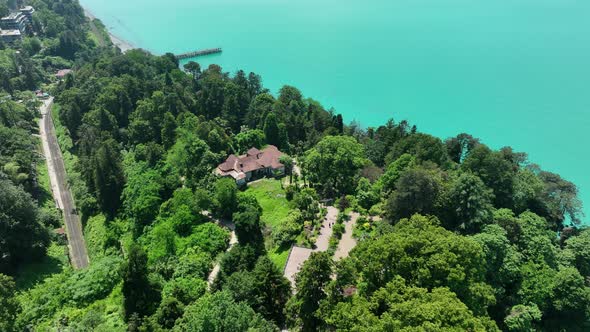 Aerial view of the Black sea coast. The Botanical Garden of Batumi, located at area of Green Cape