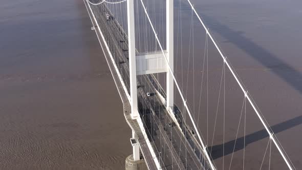 Vehicles Crossing the Severn Bridge Connecting England and Wales Aerial View