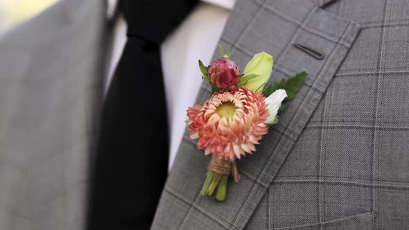Young Man or Groom in Formal Suit with Pink and Green Flower Boutonniere and Black Tie 1080p 60fps