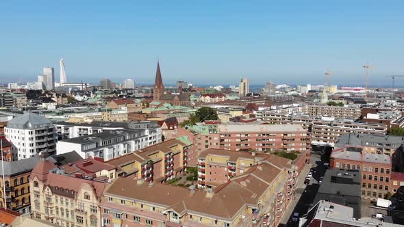 Arial view of Malmö, Sweden. Drone flying sideways and upwards. Famous buildings.