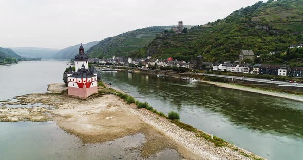 Scenic View of the Rhine River the Towns of Kaub and the Pfalzgrafenstein Castle in Germany