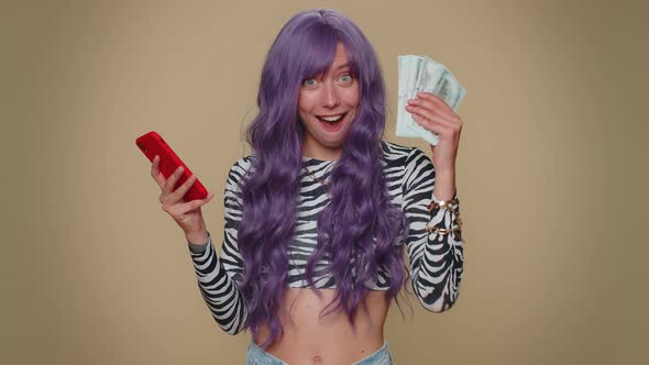 Happy Young Woman Use Smartphone Rejoicing Win Receiving Money Cash  Success Lottery Jackpot Luck