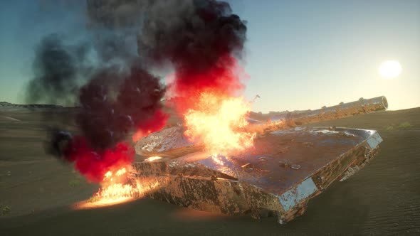 Burned Tank in the Desert at Sunset